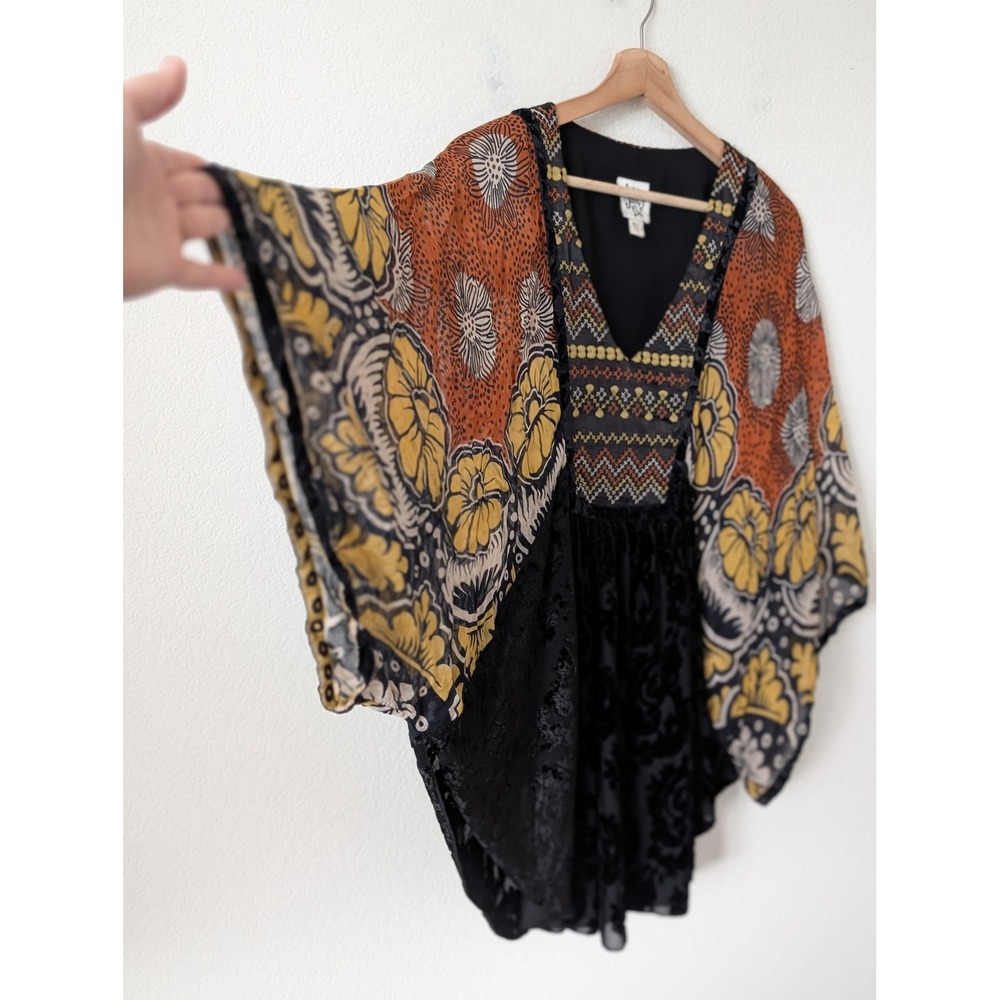 Ivy Jane Boho Kimono Tunic Top Rust Burnout Velvet Embroidery M/L Fairy Whimsy